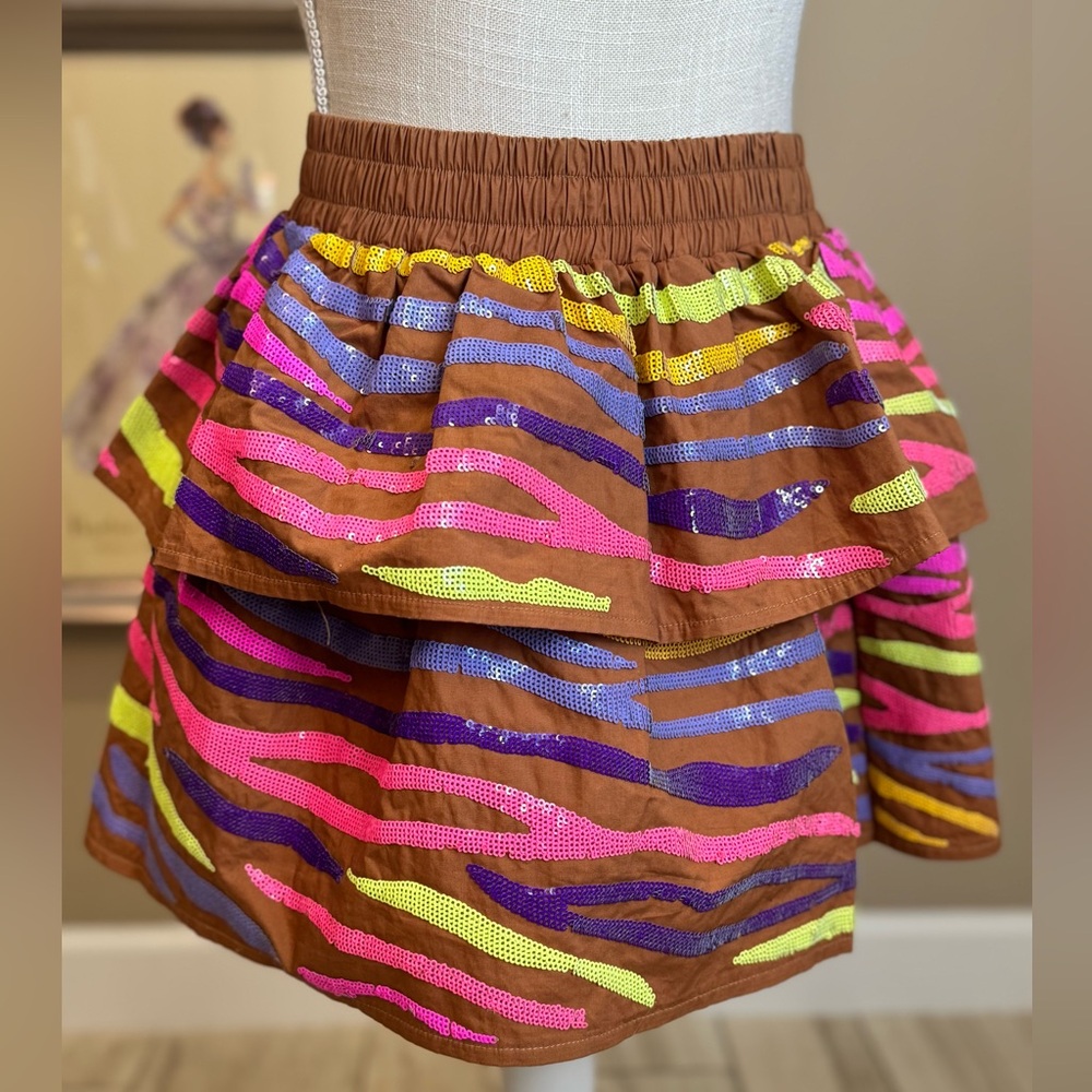 New! QUEEN OF SPARKLES Brown Neon Tiger Sequin Stripe Tiered Skirt
